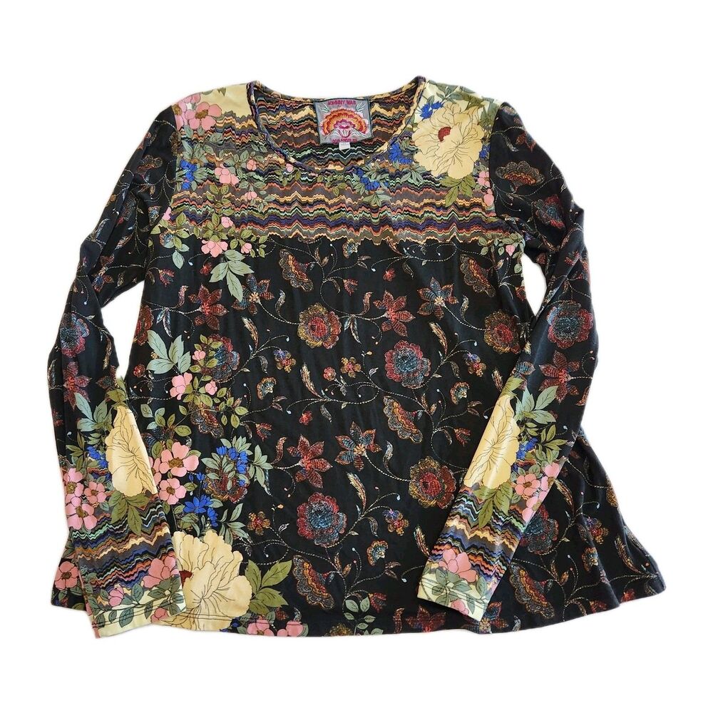 Johnny Was Floral Chevron Made With Bamboo Stretchy Boho Long Sleeve Top SZ XS